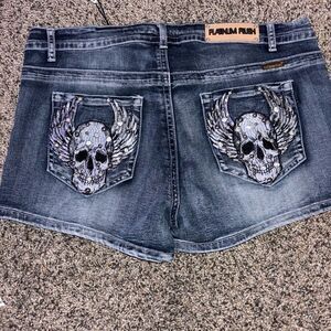 Platinum Plush Winged Skull Head Rhinestone Shorts